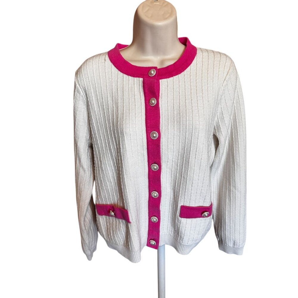 Adrianna Papell Ribbed Cardigan Sweater Women's L Ivory Pink Trim Old Money